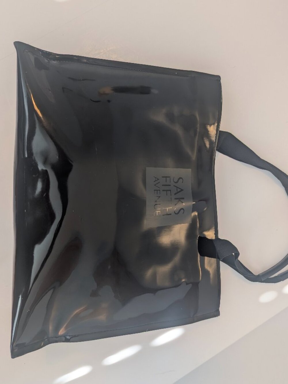 Saks Fifth Avenue logo patent leather tote